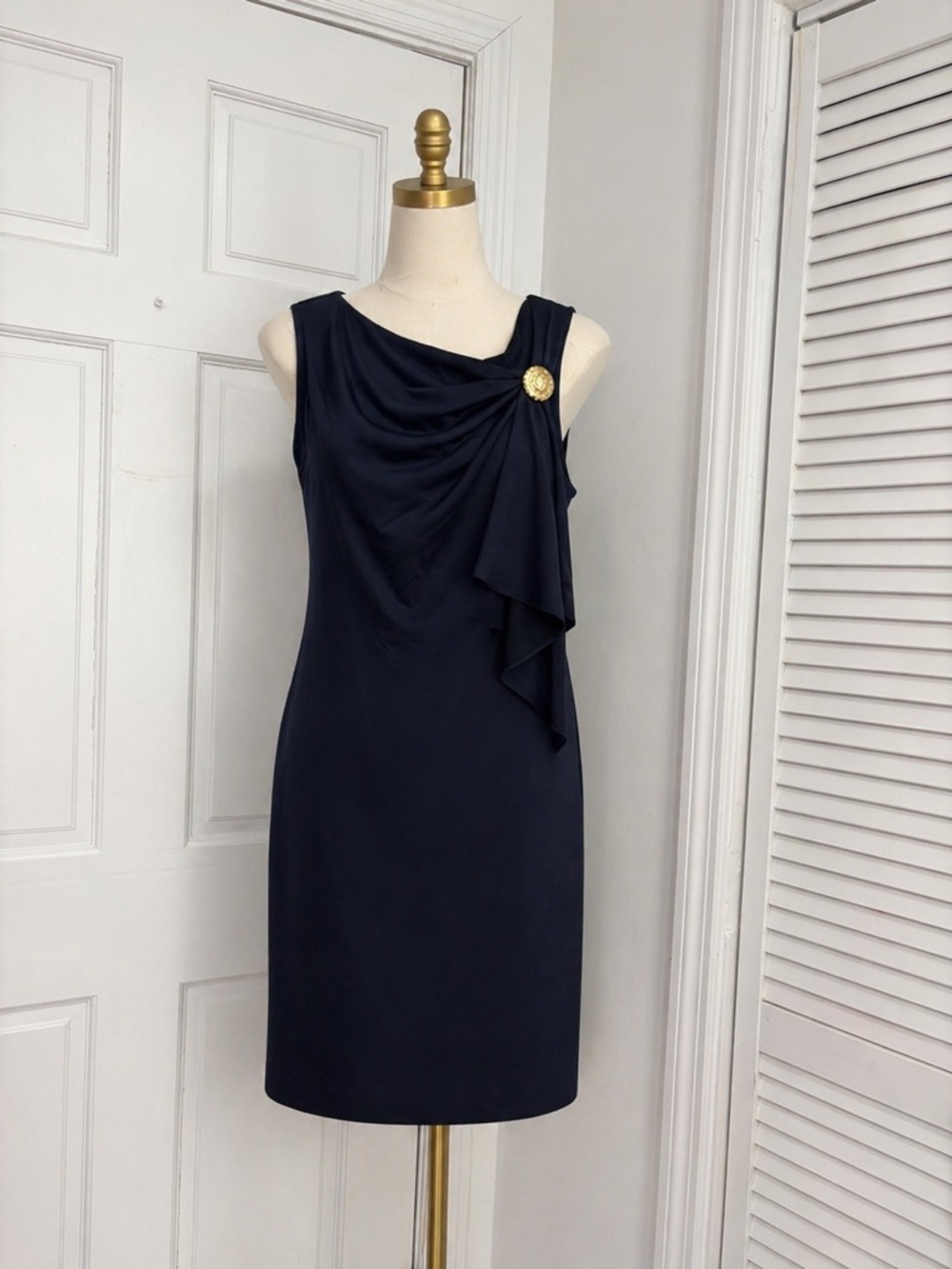 Ralph Lauren Navy Sleeveless Draped Shift Dress with Gold Button